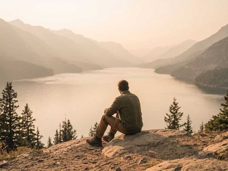 A person sitting quietly on a rock overlooking a hazy mountain lake