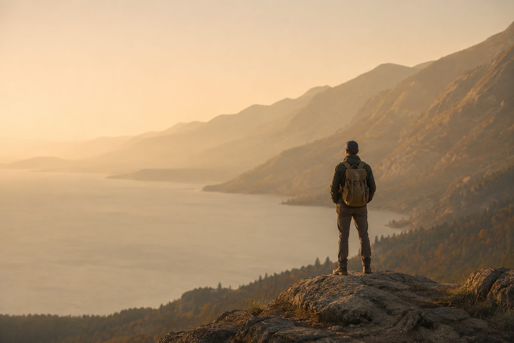 A hiker seen from behind, facing a mountain lake at golden hour